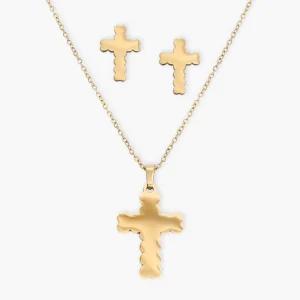 Damen Set Kreuz Halskette and Ohrringe aus Edelstahl Vergoldet